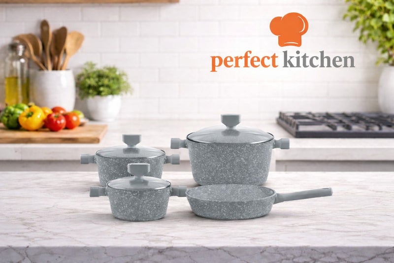 بيرفكت كيتشن طقم قدور جرانيت بسطح غير قابل للإلتصاق بمقابض من الباكليت و أغطية زجاجية مقاومة للحرارة مكون من 7 قطع رمادي فاتح - Image 1